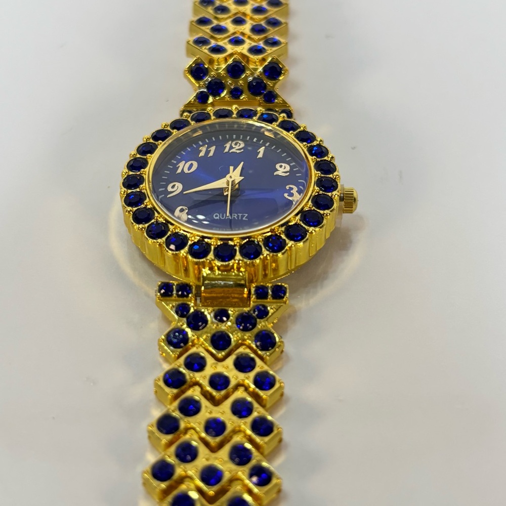Gold and Blue Jeweled Quartz Watch